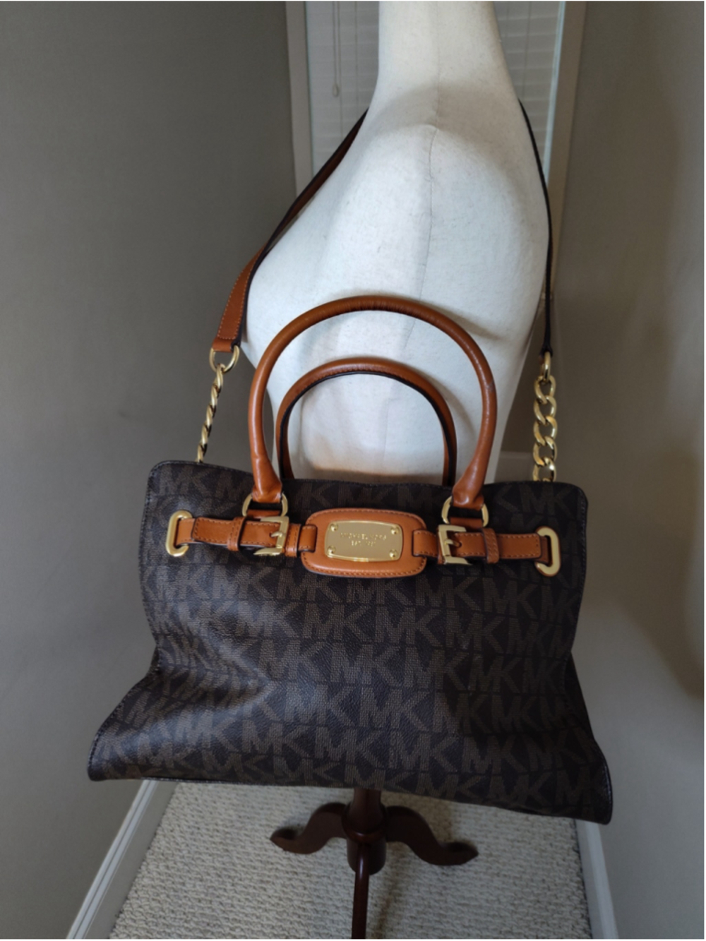 Women's Michael Kors Satchel Bag Brown Tan Logo Print